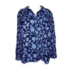 Roamans Shirt Womens Plus Size 28W Blue Floral Button Down Long Sleeve Collared